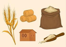gravierte landwirtschaftliche Elemente aus Weizenstroh, Heuhaufen, einem Pulversack, einer Scheune und einer Holzschaufel vektor