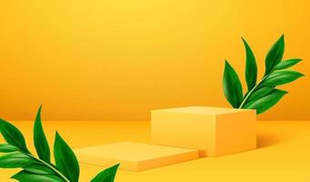 gelber Podiumshintergrund. 3D gelbes Podium mit tropischen Pflanzen für die Produktpräsentation auf gelbem Hintergrund vektor
