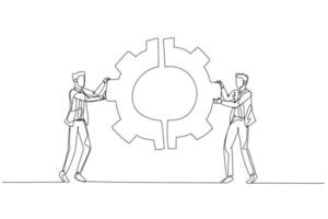 illustration av affärsman med team kollegor ansluter kugghjul redskap tillsammans begrepp av integration partnerskap. enda linje konst stil vektor