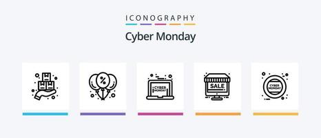 Cyber Monday Line 5 Icon Pack inklusive Uhrzeit. Lieferwagen. Rabatt. Cyber-Montag. Suche. kreatives Symboldesign vektor