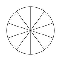 Kreis in 10 Segmente unterteilt. Pizza oder Kuchen in runder Form, in gleiche Scheiben geschnitten. Gliederungsstil. einfaches Diagramm.