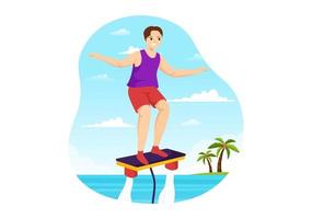 flyboard-illustration mit menschen, die jet pack in sommerstrandferien in handgezeichneten vorlagen der flachen extremen wassersportaktivitätskarikatur reiten vektor