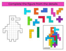 komplett de figur. pussel spel med pingvin. utbildning spel för ungar, förskola kalkylblad aktivitet. tetris spel. vektor