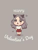 Valentinstag. Vektor süße Illustrationen mit Cartoon-Anime-Mädchen im Chibi-Stil. Cartoon-Postkarte und Poster.