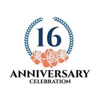 16: e årsdag logotyp med reste sig och laurel krans, vektor mall för födelsedag firande.