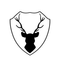 hjorthuvud på sköld. riddarvapen med hjort. svart siluett av behornade djur. heraldisk symbol vektor