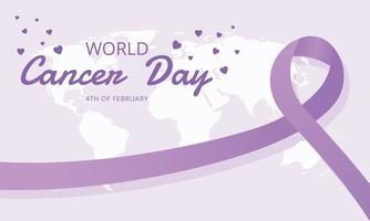 värld cancer dag händelse affisch eller baner bakgrund mall design med lila band symbol och värld Karta vektor illustration