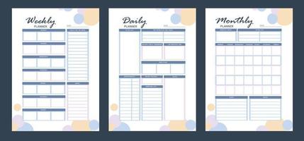 uppsättning av minimalistisk planerare. dagligen, varje vecka, en gång i månaden planerare mall. tom vit anteckningsbok sida isolerat på grå. företag arrangör sida. tom tryckbar vertikal anteckningsbok sida vektor