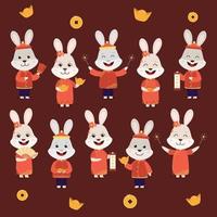frohes chinesisches neujahr 2023. kaninchen in traditionellen chinesischen kostümen mit gold und geld. vektor