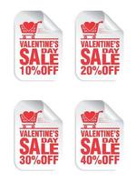valentines dag försäljning vit klistermärken uppsättning med röd text, handla vagn med hjärta ikon. försäljning 10, 20, 30, 40 procent av vektor