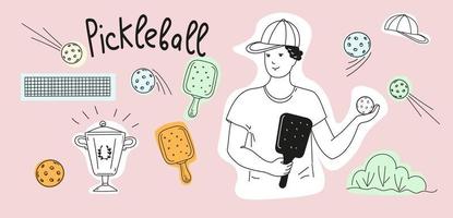 Pickleball-Spiel-Doodle-Set. Vektor-Umriss-Illustration. vektor