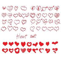 rote Herzform Set Illustration Vektor handgezeichnet isoliert auf weißem Hintergrund Strichzeichnungen.