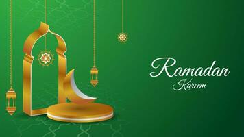 goldener ramadan kareem hintergrund mit laterne, podium, mond und tor. islamische vektorillustration vektor