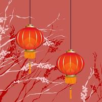 chinesische neujahrslaternen mit kirschblüte im hintergrund vektor
