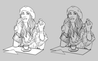 Mädchen trinkt Kaffee. Vektor schwarz und weiß und Zeichnung. Valentinstag. für Malbücher. isolierte Zeichnung.