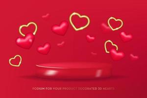 3D-Podium mit roten und goldenen Herzen. 3D minimaler realistischer Vektor