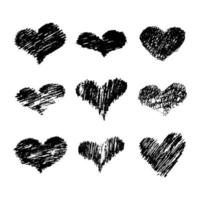 uppsättning av nio skiss klottra hjärtan. hand dragen penna klottra hjärtan. vektor illustration.