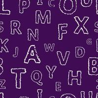 Gekritzelalphabet nahtloser Hintergrund. endloses Vektormuster mit weißen Buchstaben auf violettem Hintergrund. vektor