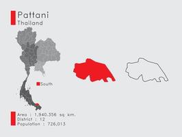 pattani position in thailand eine reihe von infografikelementen für die provinz. und Bereich Bezirk Bevölkerung und Gliederung. Vektor mit grauem Hintergrund.