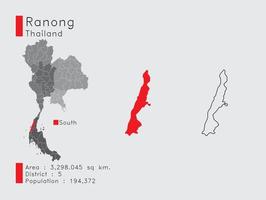 ranong position in thailand eine reihe von infografikelementen für die provinz. und Bereich Bezirk Bevölkerung und Gliederung. Vektor mit grauem Hintergrund.