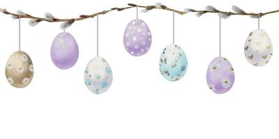 aquarell handgezeichnete osterfeier clipart. nahtlose grenze mit girlanden hängenden eiern, schleifen, frühlingsblättern. isoliert auf weißem Hintergrund. einladungen, geschenke, grußkarten, druck, textil vektor