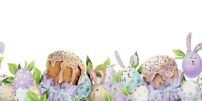 aquarell handgezeichnete osterfeier clipart. nahtlose grenze mit eiern, hasen, blumen, blättern und kulich. isoliert auf weißem Hintergrund. einladungen, geschenke, grußkarten, druck, textil vektor