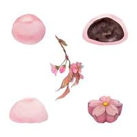 aquarell handgezeichnete traditionelle japanische süßigkeiten. Spring Wagashi, Sakura Mochi, Daifuku, Kirsche. isoliert auf weißem Hintergrund. design für einladungen, restaurantmenü, grußkarten, druck, textil vektor