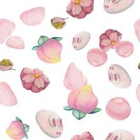 Aquarell Musterdesign mit handgezeichneten traditionellen japanischen Süßigkeiten. Wagashi, Mochi, Sakura-Blüte isoliert auf weißem Hintergrund. einladungen, restaurantmenü, grußkarten, druck, textil vektor