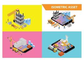 moderne isometrische 3d-set-sammlung intelligente bautechnologieillustration auf weißem isoliertem hintergrund mit menschen und digitalem vermögenswert vektor