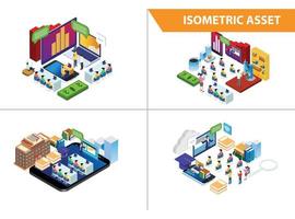 modern 3d isometrisk uppsättning samling smart hus internet av saker integration teknologi illustration i vit isolerat bakgrund med människor och digital relaterad tillgång vektor