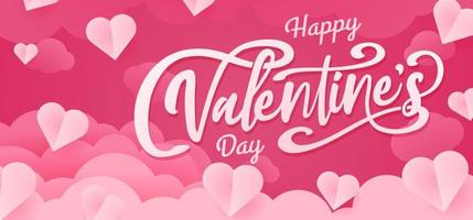 Happy Valentinstag Poster Banner Design. papier schnitt wolken und herz auf rosa hintergrund. Scherenschnitt-Stil für Valentinstag-Verkaufskopf vektor