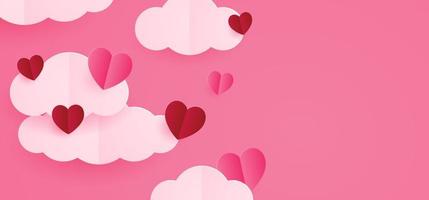 Happy Valentinstag Poster Banner Design. papier schnitt wolken und herz auf rosa hintergrund. Scherenschnitt-Stil für Valentinstag-Verkaufskopf vektor