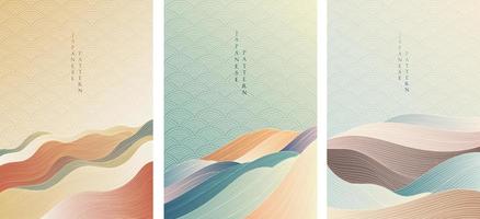 japanischer hintergrund mit linienwellenmustervektor. Banner der abstrakten Kunst mit geometrischem Muster. Bergwald-Layout-Design im orientalischen Stil. vektor