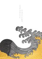 ozeanmeerhintergrund mit gold- und schwarzem texturvektor. japanisches Wellenmuster mit handgezeichneter Linie Banner-Design im Vintage-Stil. vektor