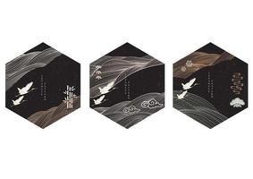 japanischer hintergrund mit linienmustervektor. abstrakte Landschaftsvorlage mit handgezeichnetem Wellenmuster mit Kranichvögeln im orientalischen Stil. schwarzes geometrisches Logo-Design. vektor