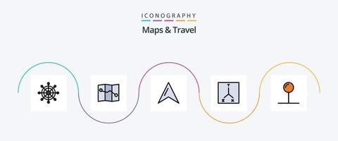 Karten und Reiselinien gefülltes flaches 5-Icon-Paket einschließlich . Koordinaten. Stift