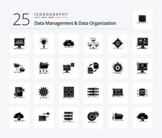 Datenmanagement und Datenorganisation 25 Solid-Glyphen-Icon-Pack inklusive Verbindung. Datenbank. Prozess. Synchronisation. synchronisieren vektor