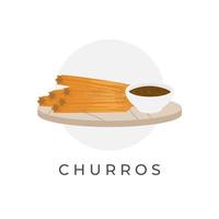 Churros-Illustrationslogo mit schmelzender Schokoladensauce in einer Schüssel vektor