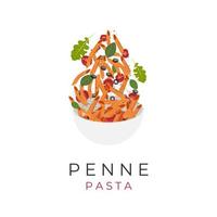 Penne Pasta Illustrationslogo mit frischem Gemüse und Oliven in einer schwarzen Schüssel vektor