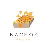 nachos-illustrationslogo mit geschmolzenem käse und verschiedenen füllungen vektor
