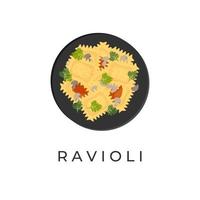 Logo-Illustration von Ravioli-Nudeln mit Tomatensauce und Käse auf einem schwarzen Teller vektor
