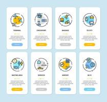 flygplats app skärmar kort uppsättning. vektor