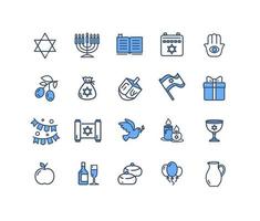Israel Chanukka Zeichen Farbe dünne Linie Symbolsatz. Vektor
