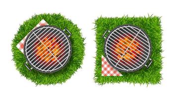 realistischer detaillierter 3d-bbq oder grill auf leuchtend grünem gras. Vektor