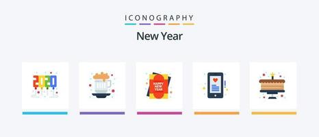 Neujahr Flat 5 Icon Pack inklusive. Feier. Grußkarte. Kuchen. Liebe. kreatives Symboldesign vektor