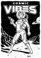schwarz-weißes Vintage-Poster mit Pin-up-Astronautenmädchen mit Weltraumwaffe vektor