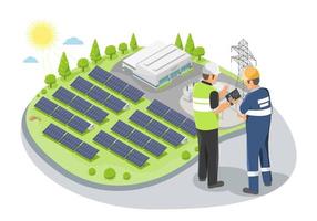 solarpark kraftwerk inspektor engineering und techniker konzept mit solarzelle grüne energie ökologie kraftwerk strom in der natur isometrischer vektor isoliert