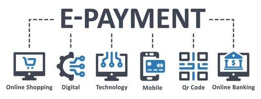 E-Payment-Symbol - Vektorillustration. E-Payment, Internet-Banking, Online-Banking, Einkaufen, Technologie, Digital, Zahlung, Infografik, Vorlage, Konzept, Banner, Piktogramm, Symbolsatz, Symbole . vektor