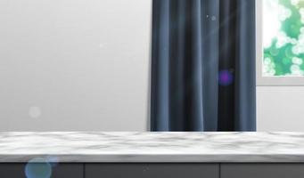 3D-Darstellung einer Küchentheke mit Marmoroberfläche mit guter Tageslichteinstrahlung durch unverdecktes Fenster. geeignet für die Anzeige von Lebensmitteln oder Haushaltsgeräten vektor