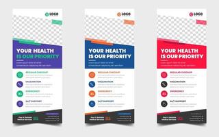 medizinisches gesundheitswesen moderne rackkarte und dl-flyer. Roll-up-Banner-Design-Vorlage für Ärzte im Gesundheitswesen mit blauer, grüner, gelber und roter Farbe. vektor